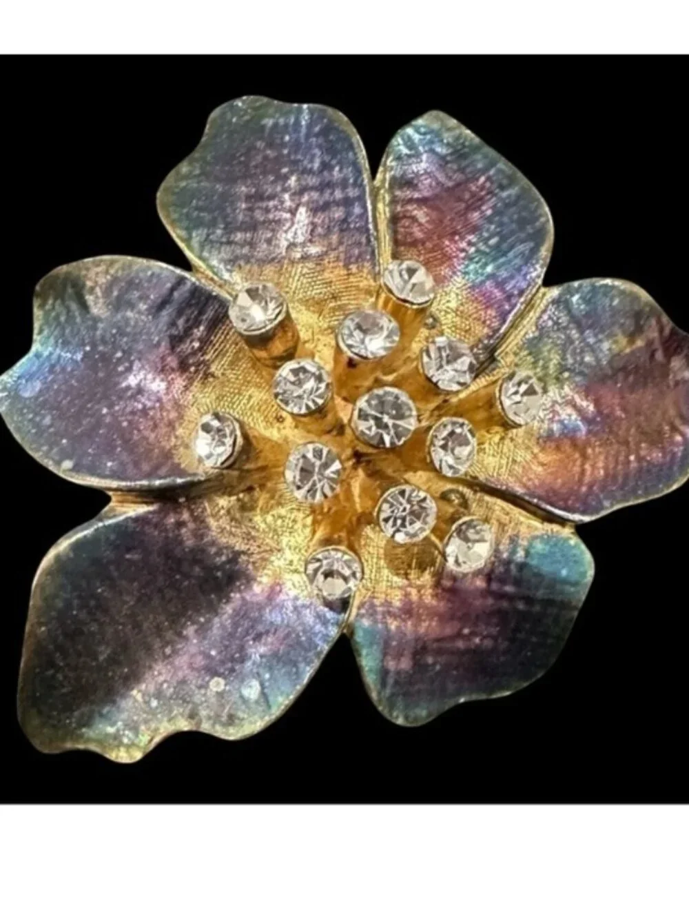 Vintage Multicolor Flower Brooch With Rhinestone Accents Gold Tone Finish